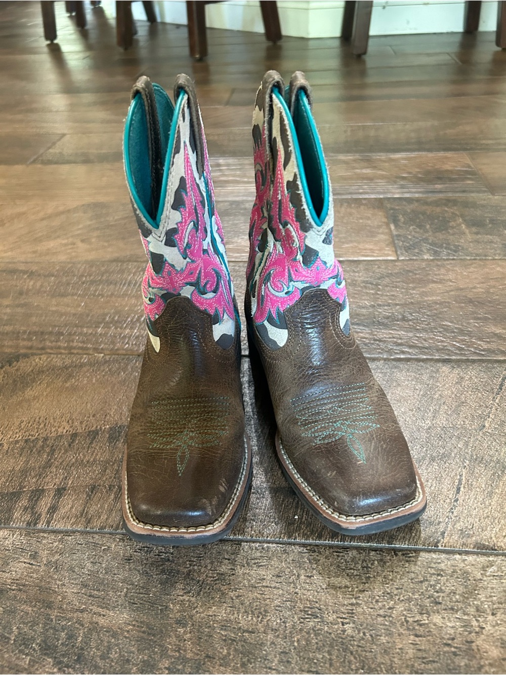 Ariat Brown Cowboy Boots with Pink and Turquoise Embroidery